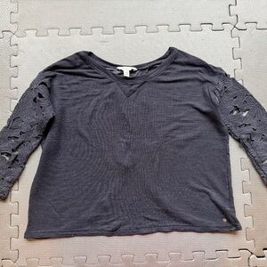 American Eagle Black Open Back Top with Floral Lace Sleeves